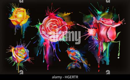 Watercolor roses, set of vector flowers icon on black Stock Vector