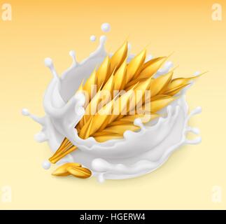 Wheat and milk splash. Barley realistic illustration. 3d vector icon Stock Vector