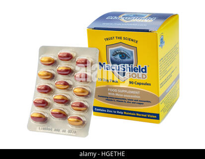 Packet of MacuShield food supplement tablets for health of retina in eye and preventing Age-related Macular Degeneration AMD. England UK Stock Photo