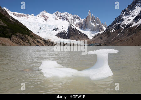 Ice floating in Laguna Torre with view of Cerro Torre, El Chalten, Patagonia, Argentina, South America Stock Photo