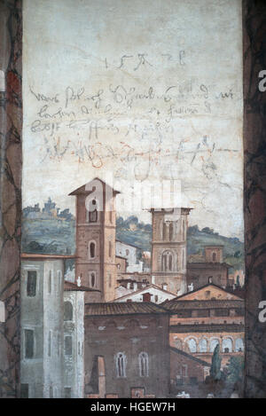 Rome. Italy. Villa Farnesina. La Sala delle Prospettive (Hall of Perspectives), frescoes by Baldassare Peruzzi, 1519.  Detail showing graffiti left by Stock Photo