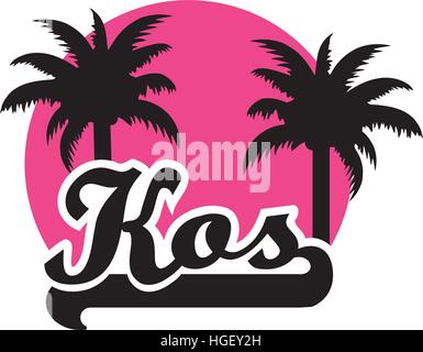 Kos with palm and pink sun Stock Vector