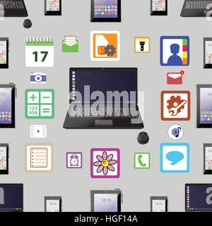 Laptop, smartphone, tablet and labels. Seamless pattern. computer on gray background isolation. Use for printing, websites, decor, design phone text b Stock Vector