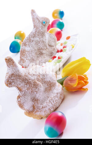 Easter bunny made of spongecake mix, sprinkled with icing sugar Stock Photo