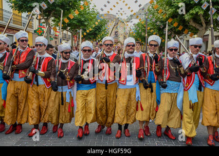 Group in traditional clothing, Moors and Christians Parade, Moros y Cristianos, Jijona or Xixona, Province of Alicante Stock Photo