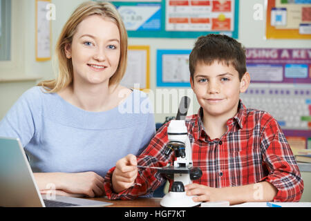 Teacher With Male Student Using Microscope In Science Class Stock Photo