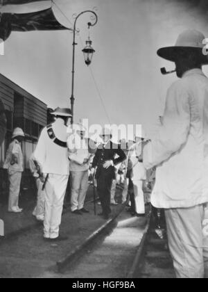 1907.Winston Churchill arriving at Mombasa station in Kenya, greeted by the Colony's officials. Stock Photo