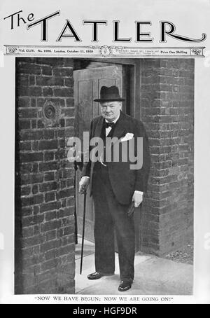 Churchill  in London. Cover of Tatler magazine , October 11th. 1939. Captioned, 'Now we have begun, Now we are going on' Stock Photo