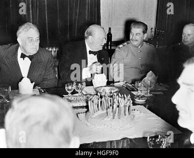 Teheran Conference. Churchill celebrates his 69th birthday with President Franklin D Roosevelt and Marshall J Stalin. Teheran Conference.30th Nov.1943 Stock Photo