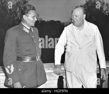 Winston Churchill with Jugoslav Partisans leader, Josip Broz Tito, at Caserta, near Naples.  1944 Stock Photo