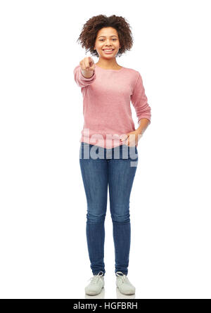 happy african woman pointing finger on you Stock Photo