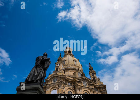 Martin Luther statue and Dresden Frauenkirche, Stock Photo