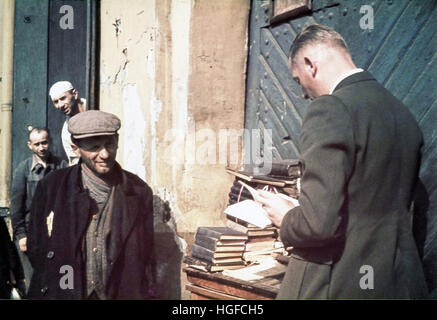 Ghetto Lodz, Litzmannstadt, Book sale in the ghetto during a visit by Hans Biebow, chief of the German Nazi administration of the ghetto Poland 1940, World War II, Stock Photo