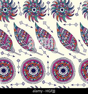 Ethnic seamless pattern with feathers and circles. Stock Vector