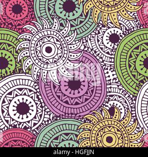 Ethnic seamless pattern with feathers and circles. Stock Vector