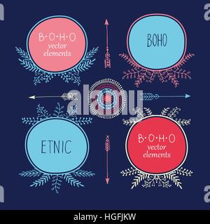 Set of creative Boho style Frames mady by Ethnic. Arrows and Floral Elements Stock Vector