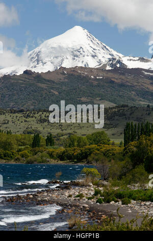 Volcan Lanin and Lago Huechulafquen, Lanin National Park, near Junin de los Andes, The Lake District, Argentina, South America Stock Photo