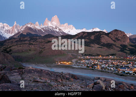 View over Mount Fitz Roy and Cerro Torre with town of El Chalten, El Chalten, Patagonia, Argentina, South America Stock Photo