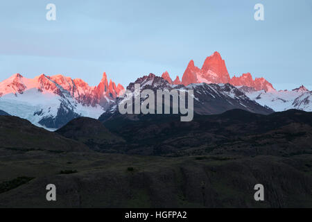 View of Mount Fitz Roy and Cerro Torre at sunrise from Mirador de los Condores, El Chalten, Patagonia, Argentina, South America Stock Photo