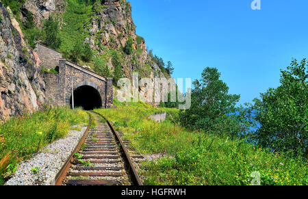 Old tunnel under highest mountain. Circum-Baikal Railway. Irkutsk region. Russia Stock Photo