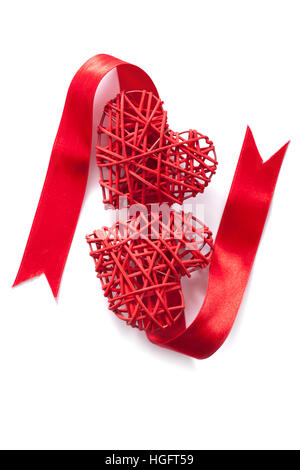 red hearts ribbon Valentines isolated Stock Photo