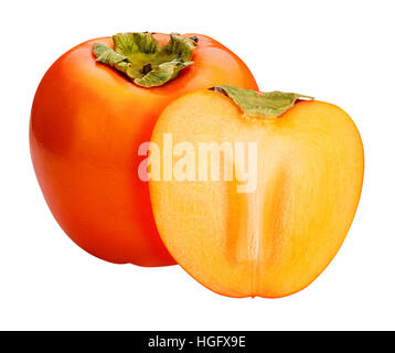 Persimmon cut slice bite Set isolated on white background clipping path Stock Photo