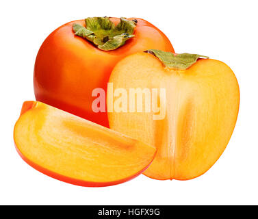 Persimmon cut slice bite Set isolated on white background clipping path Stock Photo