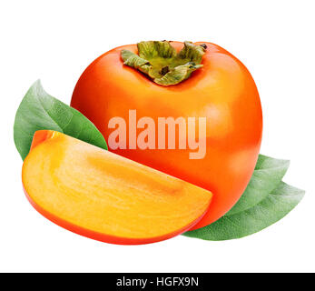 Persimmon cut slice bite Set isolated on white background clipping path Stock Photo