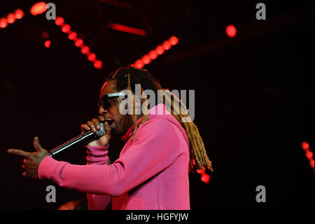Hip hop legend Dwayne Michael Carter, Jr. aka Lil Wayne performs at the BET Experience concert at Staples Center on June 25, 2016 in Los Angeles, California. Stock Photo