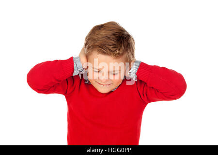 Little kid covering the ears isolated on a white background Stock Photo