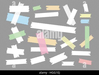 Colorful different size sticky paper, adhesive, masking tape are on squared gray background Stock Vector