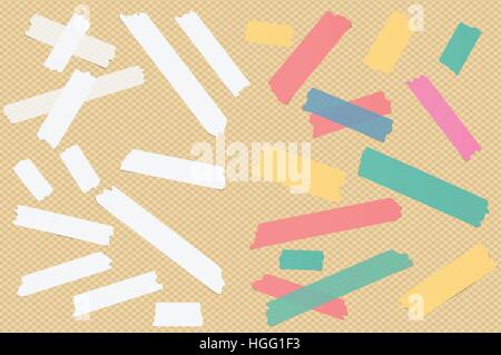 Colorful different size sticky paper, adhesive, masking tape are on squared background Stock Vector
