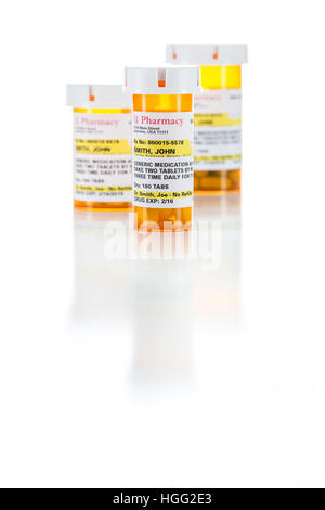 Three Non-Proprietary Medicine Prescription Bottle Isolated on a White Background. Stock Photo