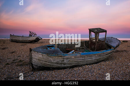 Wrecks on the beach at Dungeness, Kent, England Stock Photo