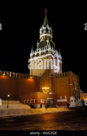 Night view of the Spassky tower of Moscow Kremlin in winter Stock Photo