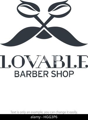 Barber shop logo design. Scissors and moustache shaped vector icon. Stock Vector