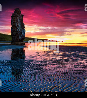 Huge basalt stack Hvitserkur on the eastern shore of the Vatnsnes peninsula.Colorful summer sunrise in northwest Iceland,Europe.