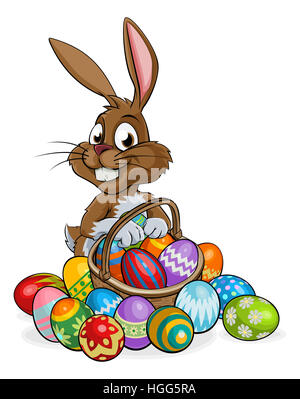 Cartoon Easter bunny rabbit holding an Easter Eggs basket full of eggs, could be on a chocolate Easter Egg Hunt Stock Photo