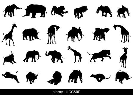 A safari African animal silhouette set including elephants, giraffes, rhinos and lions Stock Photo
