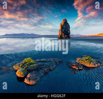 Huge basalt stack Hvitserkur on the eastern shore of the Vatnsnes peninsula. Colorful summer sunrise in northwest Iceland