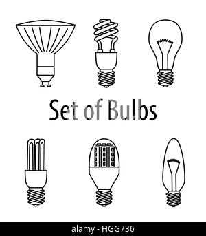 Set of different types of bulbs. Vector Illustration. Source of Light. Stock Vector