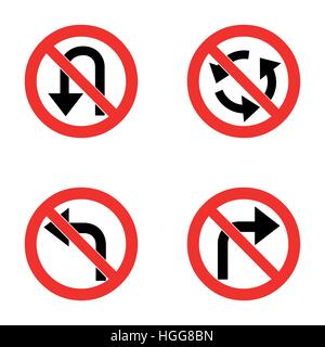 Set of variants a U-Turn forbidden - road sign isolated on white background. Group of as fish-eye, simple and grunge icons for your design. Vector illustration. Stock Vector