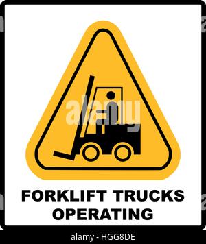 Forklift truck sign. Symbol of threat alert. Hazard warning icon. Black lift-truck with the silhouette of a man emblem isolated in yellow triangle on white background. Danger label. Vector Stock Vector