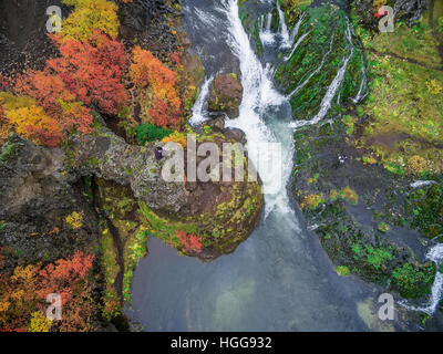 Aerial- lava and moss landscape in the autumn, Gjaarfoss Waterfalls, Thjorsardalur valley, Iceland. 'Drone Photography' Stock Photo