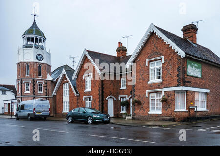 Burnham on Crouch, Essex,UK. St Mary's House, Clock Tower and Ye Olde White Harte Hotel on the village High Street. Typical English Architecture. Stock Photo