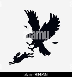 silhouettes of an attacking eagle on running hare Stock Vector