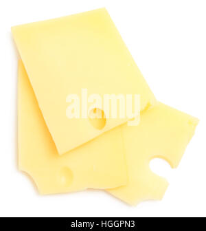 thin slices of swiss cheese on a white Stock Photo