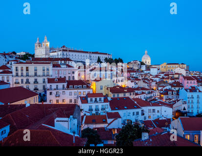 Portugal, Lisbon, Miradouro das Portas do Sol, Twilight view over Alfama Neighbourhood towards the Sao Vicente de Fora Stock Photo