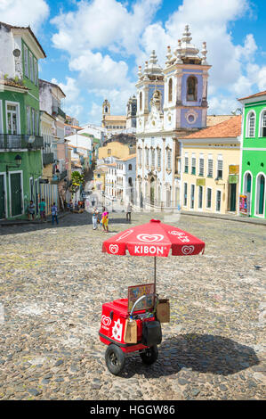 SALVADOR, BRAZIL - FEBRUARY 22, 2016: An ice cream stall sits in a plaza in the historic tourist district of Pelourinho. Stock Photo
