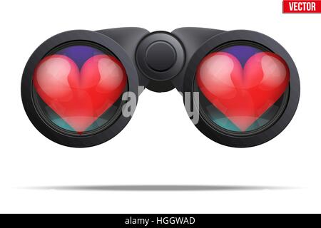 Realistic Binoculars with heart on lens. Symbol of looking for love. Editable Vector illustration Isolated on white background. Stock Vector